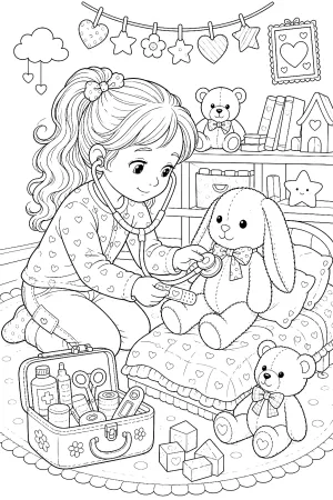 Kind untersucht Kuscheltier mit Stethoskop, Pflaster und vielen Details.