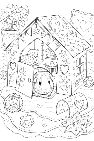 Meerschweinchen spielt Verstecken in detailliertem Papierhaus mit Möbeln und Spielzeug.