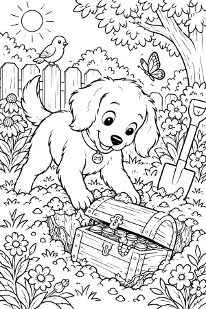 Ein Hund gräbt im Blumenbeet und hebt eine alte Schatzkiste aus.