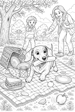 Ein Dackel zieht mit Wurst im Maul an einem reich gedeckten Picknick vorbei.