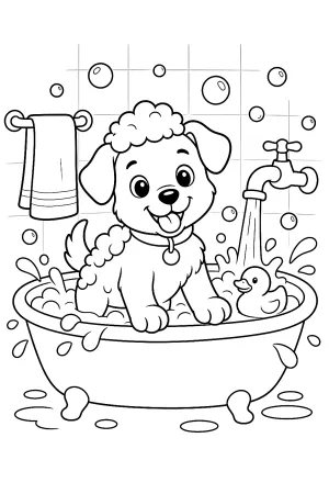Welpe plantscht mit vielen Seifenschaumblasen in der Wanne.