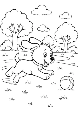 Ein kleiner Welpe rennt einem Ball hinterher.