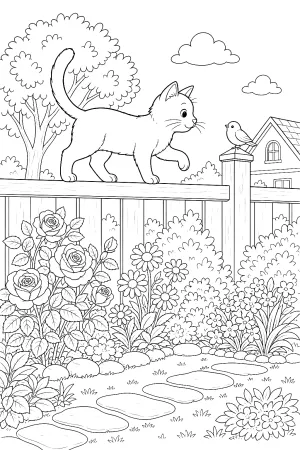 Eine Katze geht vorsichtig auf einem Zaun mit Blumen entlang.