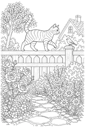 Eine Katze balanciert auf einem Zaun mit vielen feinen Details.