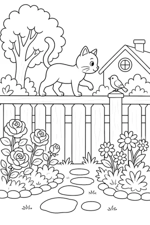 Eine Katze balanciert auf einem einfachen Gartenzaun.
