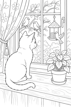 Katze sitzt seitlich auf der Fensterbank und schaut auf Vögel draußen.
