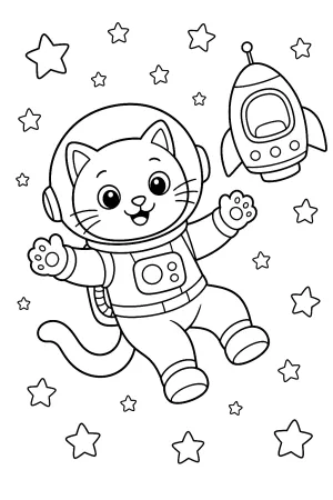 Eine freundliche Katze im Helm schwebt zwischen großen Sternen.