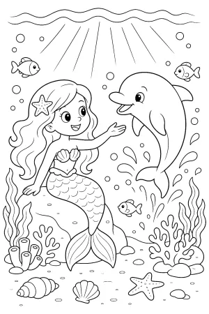 Eine Meerjungfrau lacht, während ein Delfin neben ihr springt.