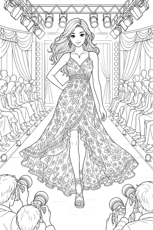 Model mit detailliertem Sommerkleid auf dem Laufsteg, Publikum und Scheinwerfer im Hintergrund.