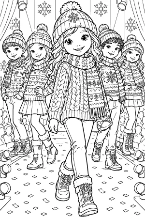 Models posieren in gemusterten Strickpullovern, Schals und Mützen mit vielen Details.