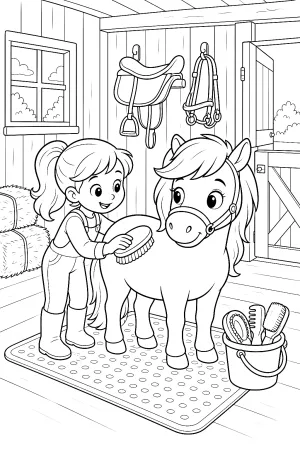 Ein Mädchen bürstet ein ruhiges Pony im Stall.