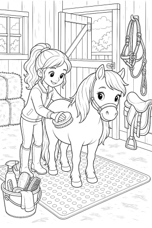 Ein Mädchen putzt ein Pony neben Heuballen und Putzeimer.