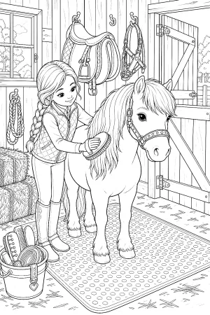Mädchen pflegt Pony mit Bürste, Zopf und sichtbaren Hufen.