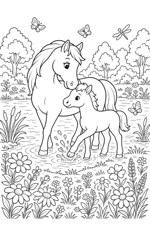 Mutterpferd und Fohlen plantschen am Flussufer mit großen Flächen.
