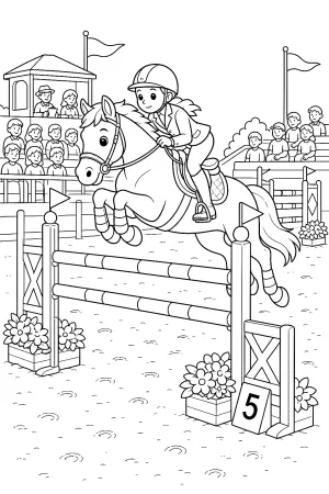 Ein Pferd springt über ein einfaches Hindernis auf dem Turnier.