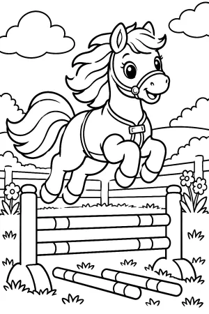 Ein Pony springt über niedrige Stangen im Parcours.