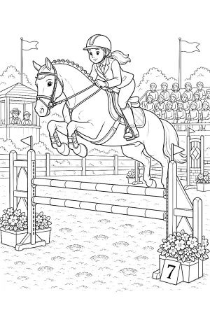 Pferd mit Reiter überspringt ein Hindernis in der Arena.
