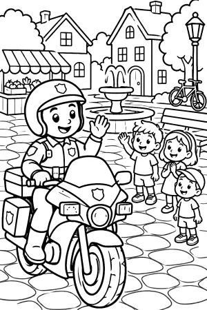 Ein Polizist winkt von seinem Motorrad auf dem Dorfplatz.