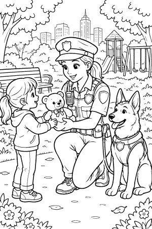 Polizistin überreicht dem Kind den gefundenen Teddy, der Hund sitzt neben ihr im Stadtpark.
