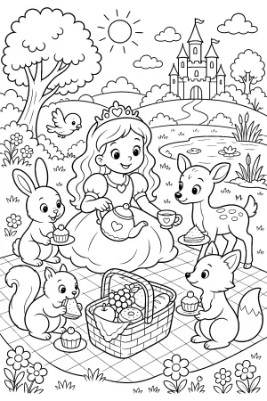 Prinzessin sitzt auf Decke mit ihren Tierfreunden im Park.