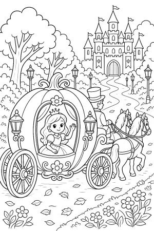 Prinzessin sitzt in einfacher Kürbiskutsche auf dem Weg zum Ball.