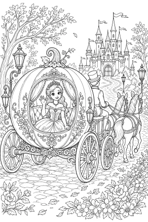 Prinzessin in reich verzierter Kürbiskutsche mit vielen Details.