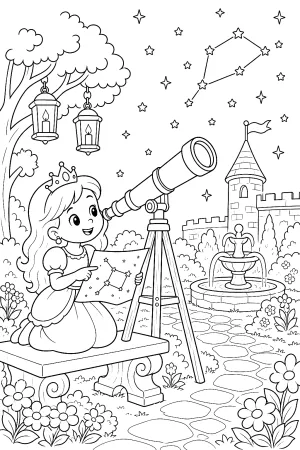 Prinzessin schaut durch ein großes Teleskop im Schlossgarten unter klaren, einfachen Sternen.
