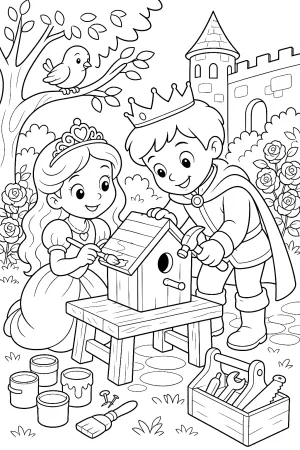 Prinzessin und Prinz malen und bauen ein großes Vogelhaus im Schlossgarten.