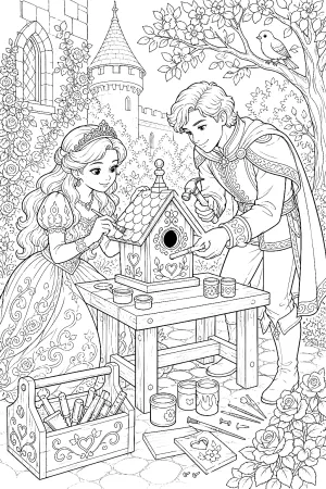 Prinzessin und Prinz verzieren ein filigranes Vogelhaus mit Pinsel, Hammer und vielen Mustern.