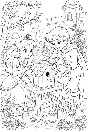 Prinzessin und Prinz bemalen ein Vogelhaus neben Rosenbeeten und Werkzeug.