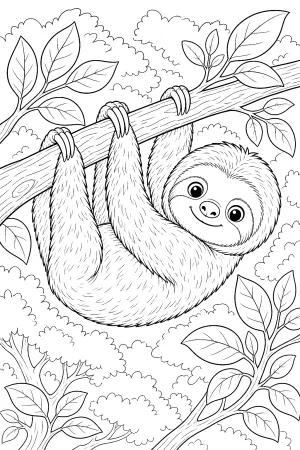 Ein Faultierbaby klammert sich an einen Ast und lächelt.