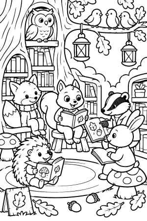 Eichhörnchen und Freunde lesen in einer einfachen Bibliothek unter einer Eiche.