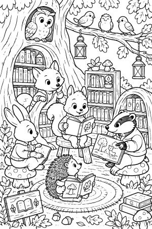 Mehrere Waldtiere lesen gemütlich in einer kleinen Bibliothek unter einer alten Eiche.