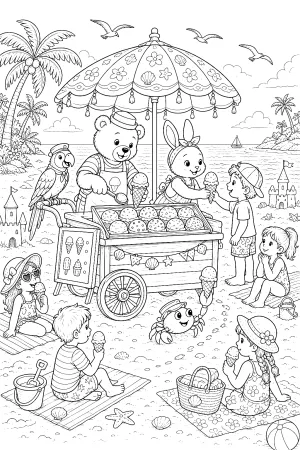 Viele Tiere hinter einem Eiswagen, feine Details von Eissorten, Strandspielzeug und Möwen.
