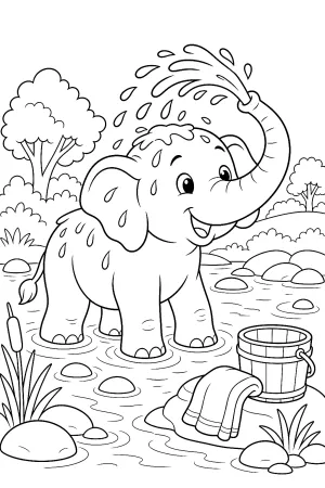 Ein Elefant spritzt mit dem Rüssel Wasser am Fluss.