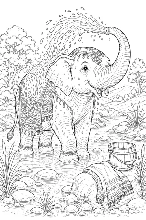 Ein Elefant wäscht sich mit dem Rüssel, viele Details am Flussufer.