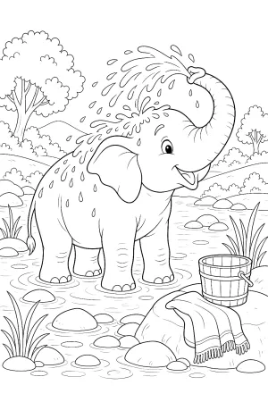 Ein Elefant wäscht sich mit dem Rüssel am Flussufer.
