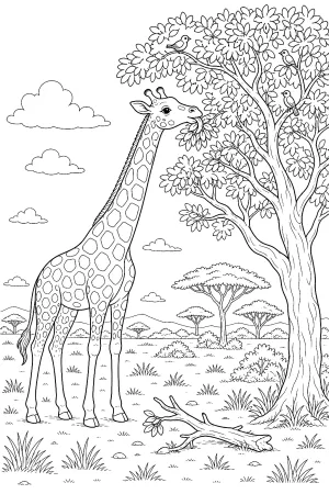 Giraffe greift mit Zunge nach Blättern an hoher Krone.