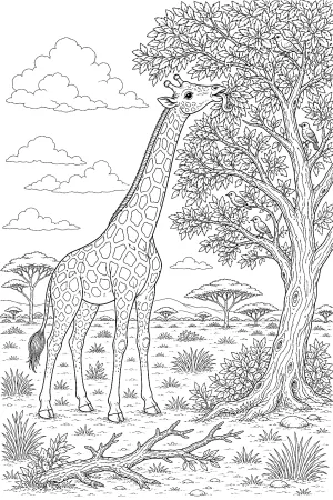 Detaillierte Giraffe mit vielen Blättern, Zweigen und Vögeln in der Krone.