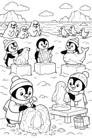 Pinguine schnitzen und präsentieren verschiedene mittlere Eisskulpturen auf Podesten.