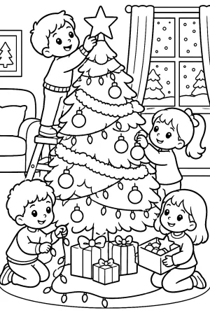 Zwei Kinder hängen große Kugeln an einen Tannenbaum.