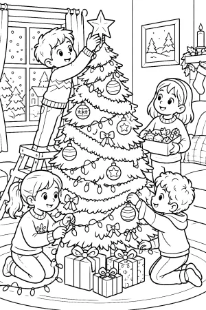 Drei Kinder hängen Lichter und Dekoration an einen Weihnachtsbaum.