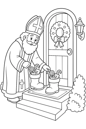 Nikolaus stellt Stiefel vor eine Tür.