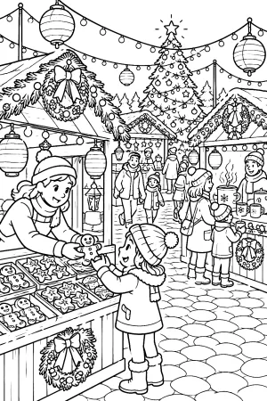 Lebhafter Markt mit Laternen, Ständen und Plätzchentellern.