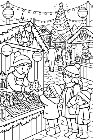 Ein einfacher Weihnachtsmarkt mit wenigen Ständen und Laternen.
