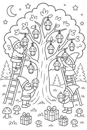 Wichtel klettern auf Leitern und hängen Pilz-Laternen an den Baum.
