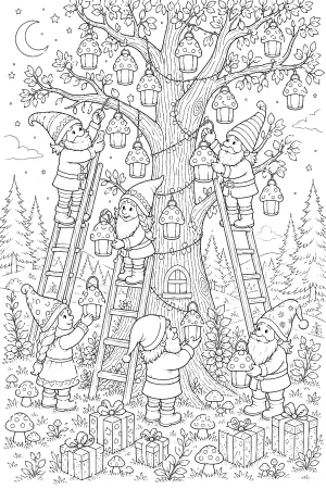 Viele kleine Wichtel klettern auf schmalen Leitern und hängen leuchtende Pilz-Laternen in verzweigte Äste.