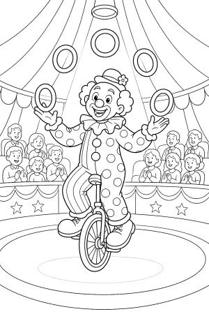 Ein fröhlicher Clown jongliert drei große Ringe auf einem Einrad in der Manege.