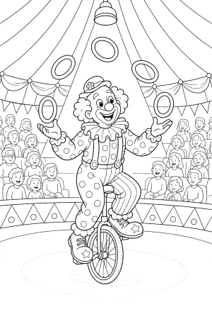 Clown balanciert auf einem Einrad und wirft mehrere Ringe in die Luft vor Zuschauern.