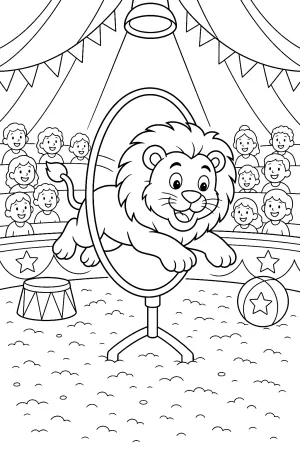 Ein fröhlicher Löwe springt durch einen großen Reifen in der Manege.